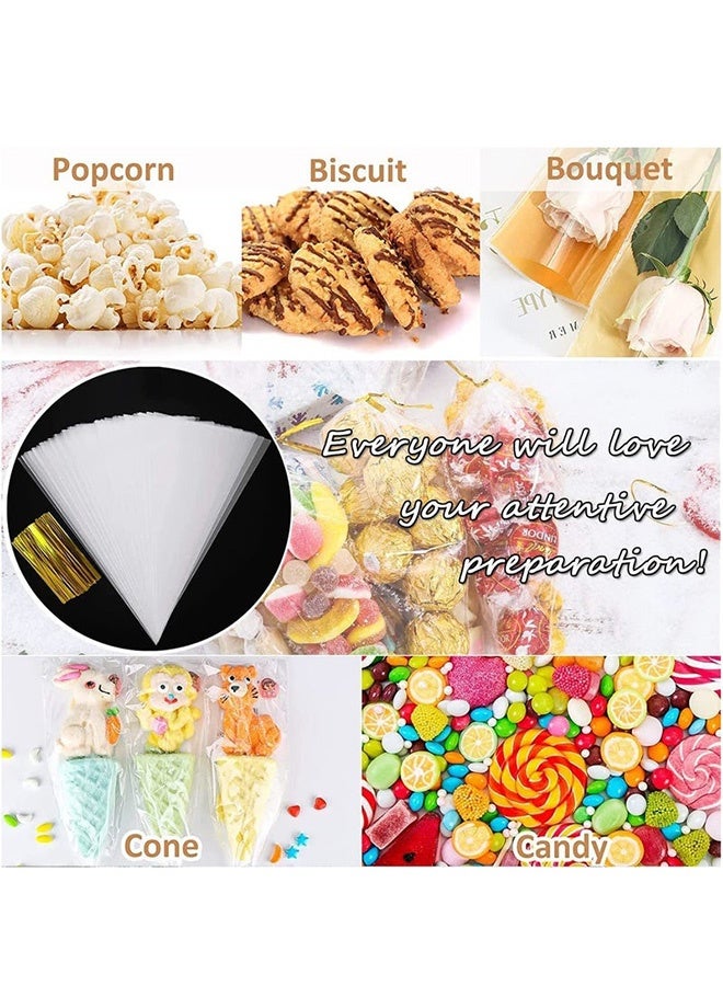 150 Pcs 7x14.6 Inch Cone Cellophane Treat Bags with Gold Twist Ties Clear Snack Wrapping Bags for Birthday Party Candy Popcorn Snack Wraps DIY Handmade Gifts Eid Celebrations - Image 2